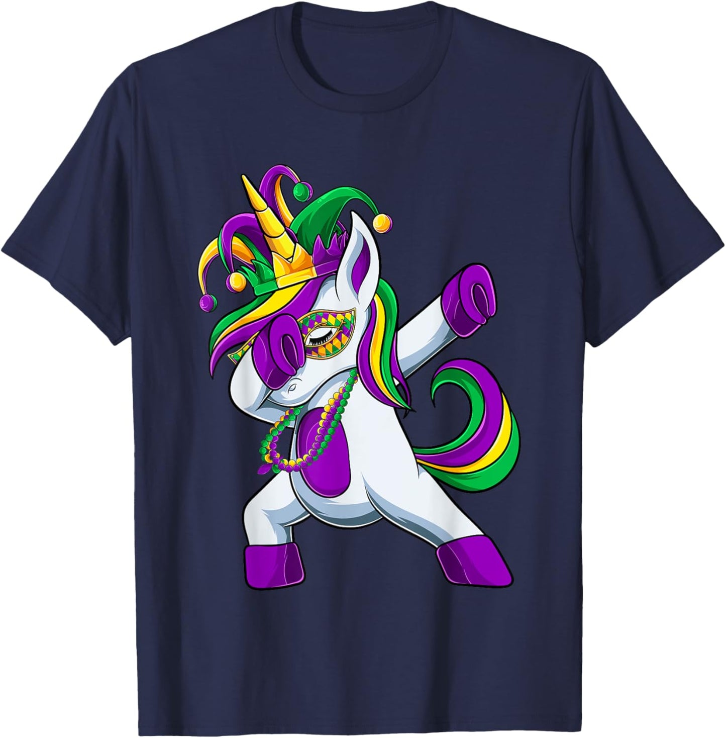 Dabbing Jester Unicorn Mardi Gras Shirt, Kids Girls T-Shirt - T-Shirt | Navy
