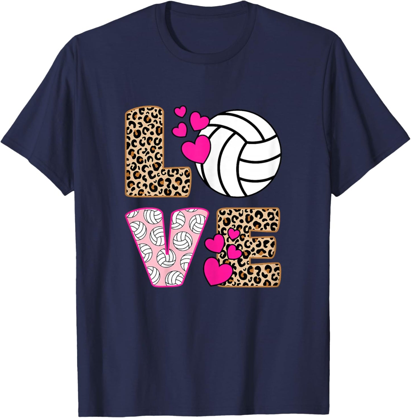 Cute Love Volleyball Leopard Print Women Girls Volleyball T-Shirt - T-Shirt | Navy