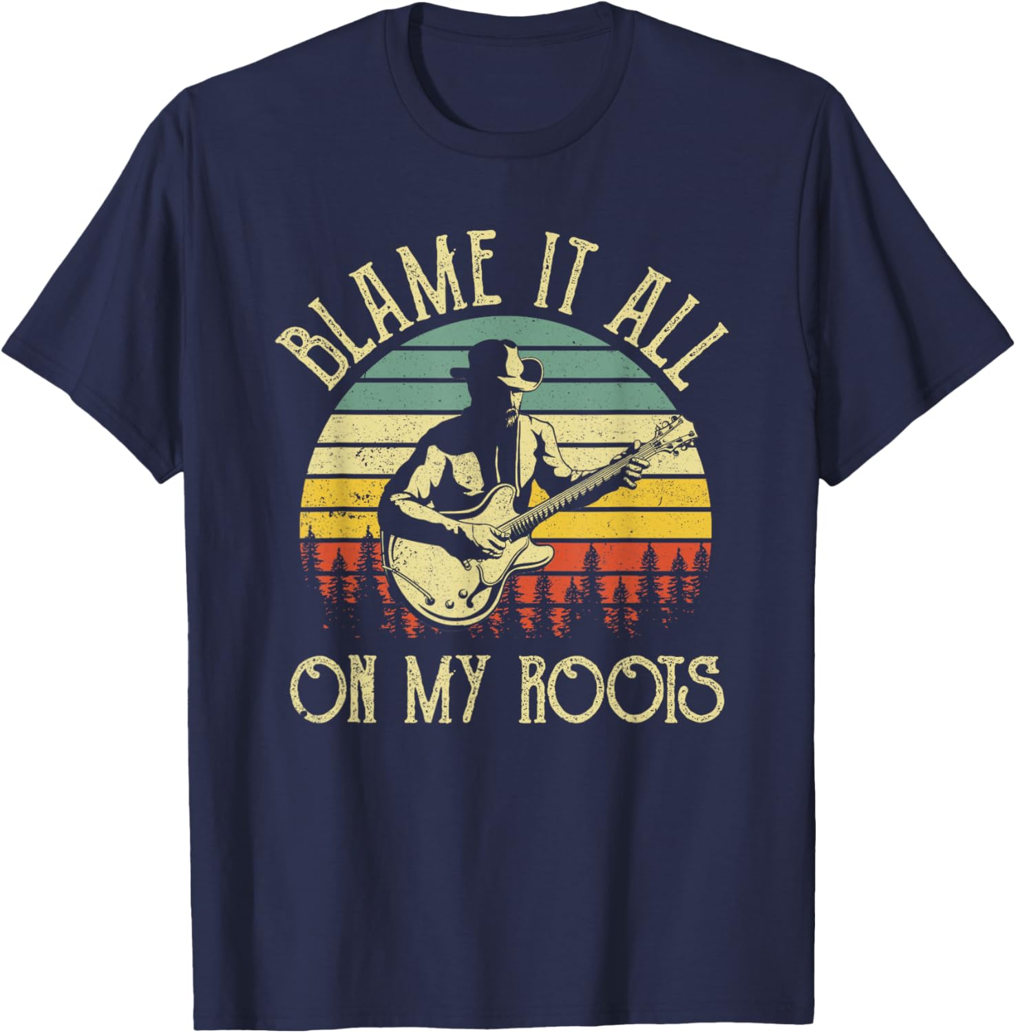 Vintage Cowboy Hat Guitar Blame It All On My Roots T-Shirt - T-Shirt | Navy