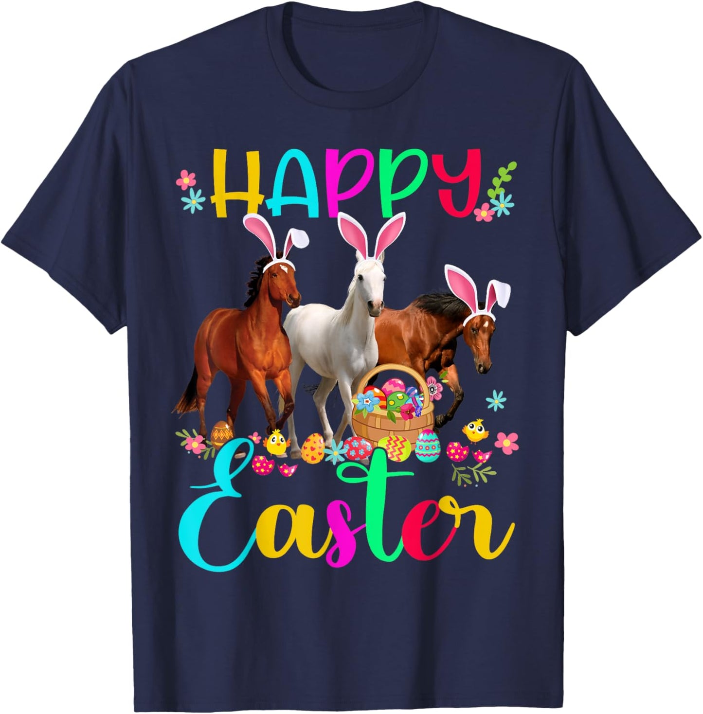Happy Easter Horse Lover Three Horse Wearing Bunny Ear T-Shirt - T-Shirt | Navy
