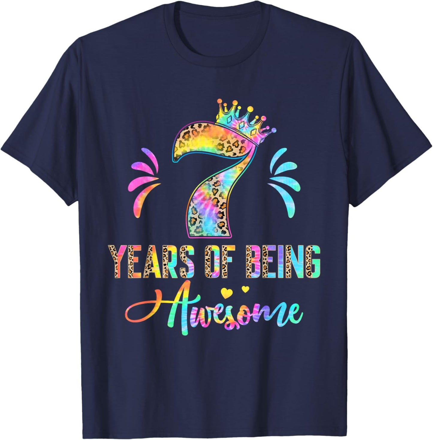Kids Seven Year Old Rainbow 7th Birthday Leopard For Girls 7 T-Shirt - T-Shirt | Navy