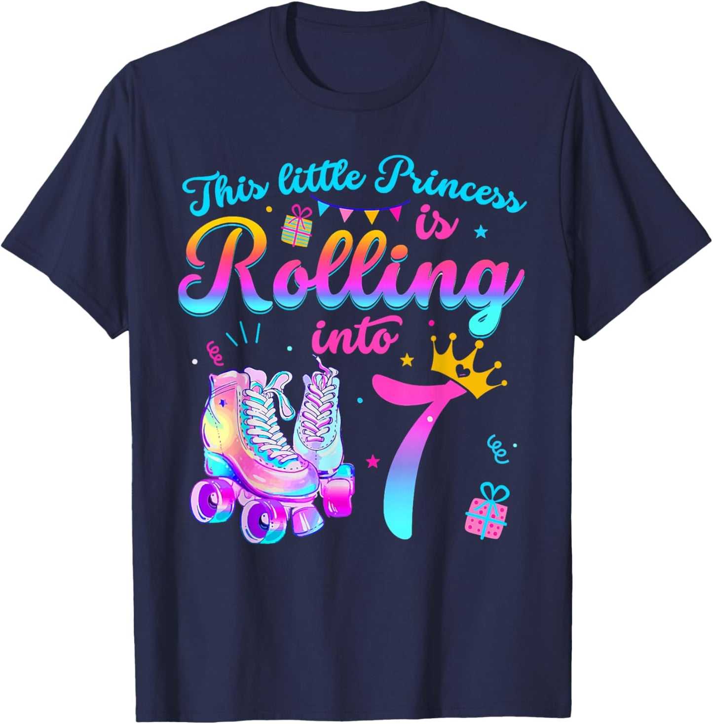 7th Birthday Girl Roller Skating Party 7 Year Old T-Shirt - T-Shirt | Navy