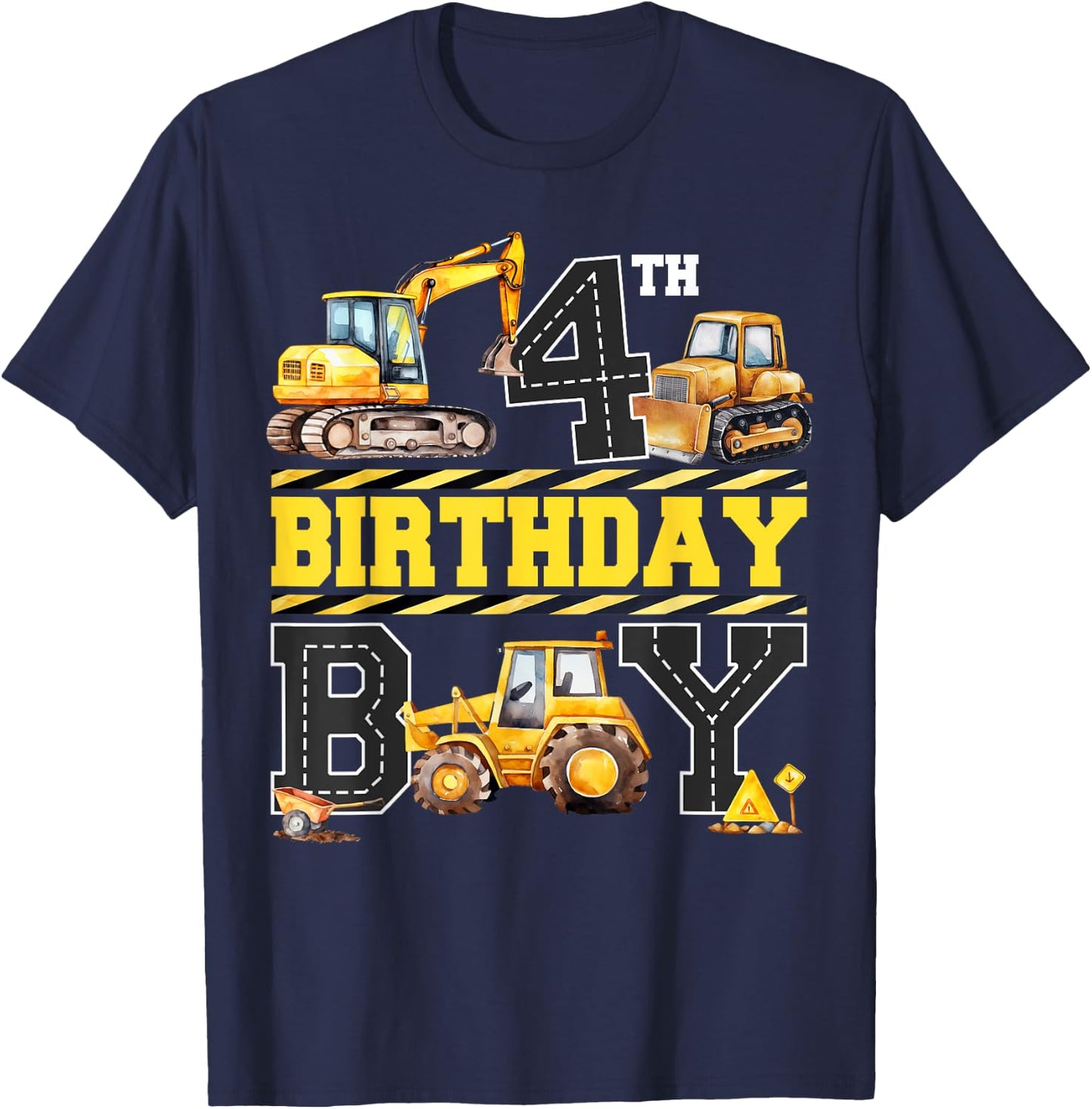 4th Birthday Digger 4 Years Old Excavator Builder Boy Bday T-Shirt - T-Shirt | Navy