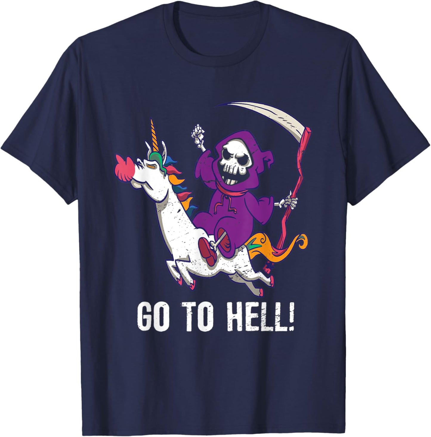 Go To Hell Spooky Grim Reaper Riding A Unicorn Skeleton T-Shirt - T-Shirt | Navy