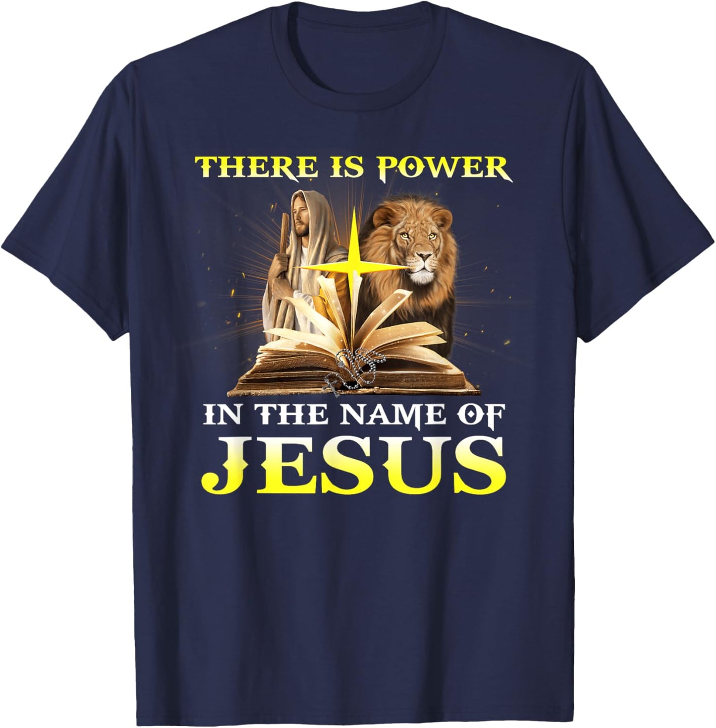 There Is Power In The Name Of Jesus Lion Christian T-Shirt - T-Shirt | Navy