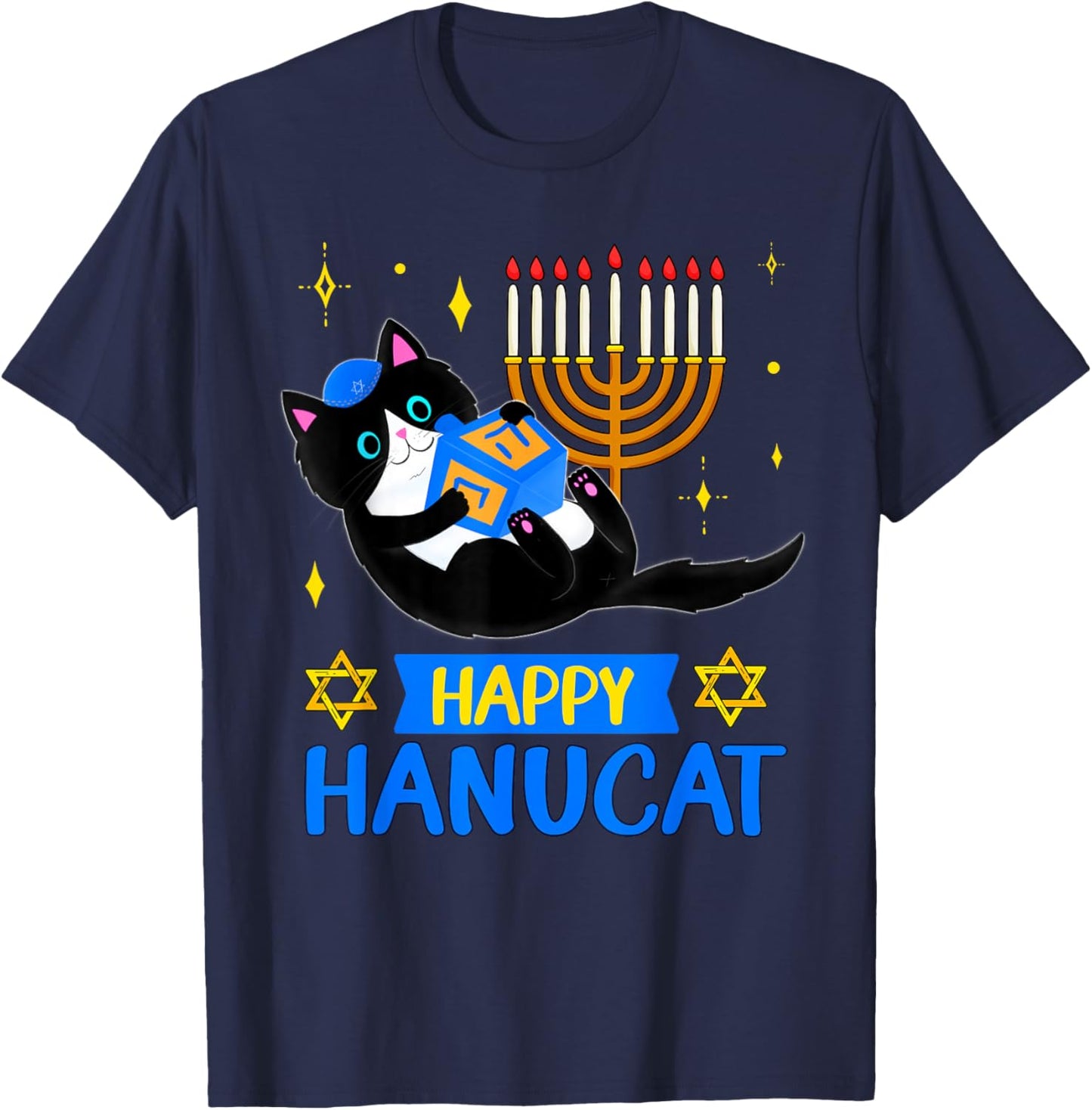 Happy HANUCAT for kids Funny HANUKKAH Cat Menorah for girls T-Shirt - T-Shirt | Navy