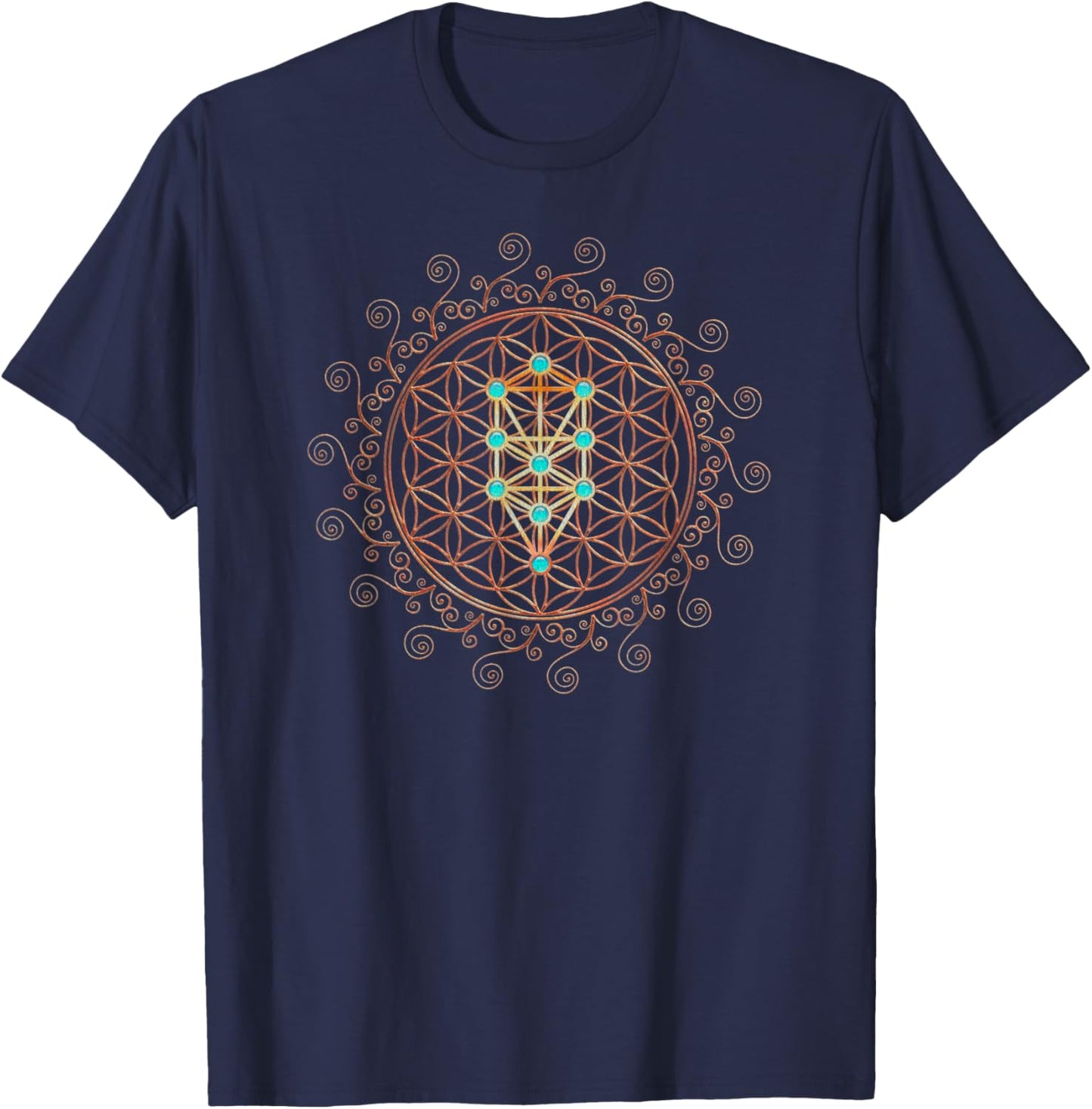 Flower Life, Tree of Life, Sacred Geometry, Kabbalah T-Shirt - T-Shirt | Navy