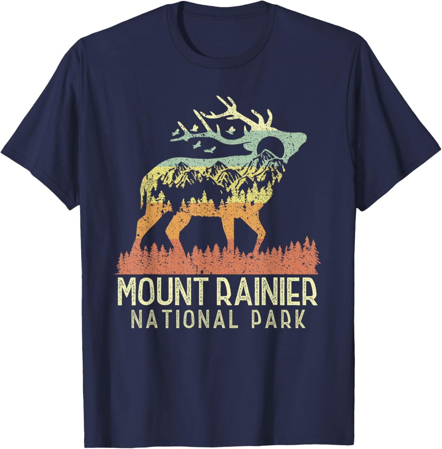 Mount Rainier National Park Retro Mountain Vintage Elk Gift T-Shirt - T-Shirt | Navy