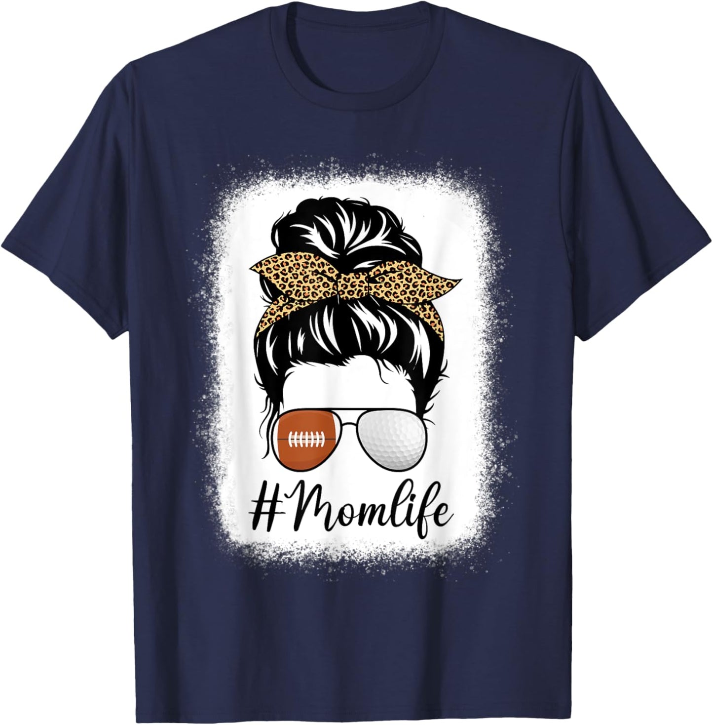 Mother's Day American Football And Golf Mom Life Messy Bun T-Shirt - T-Shirt | Navy
