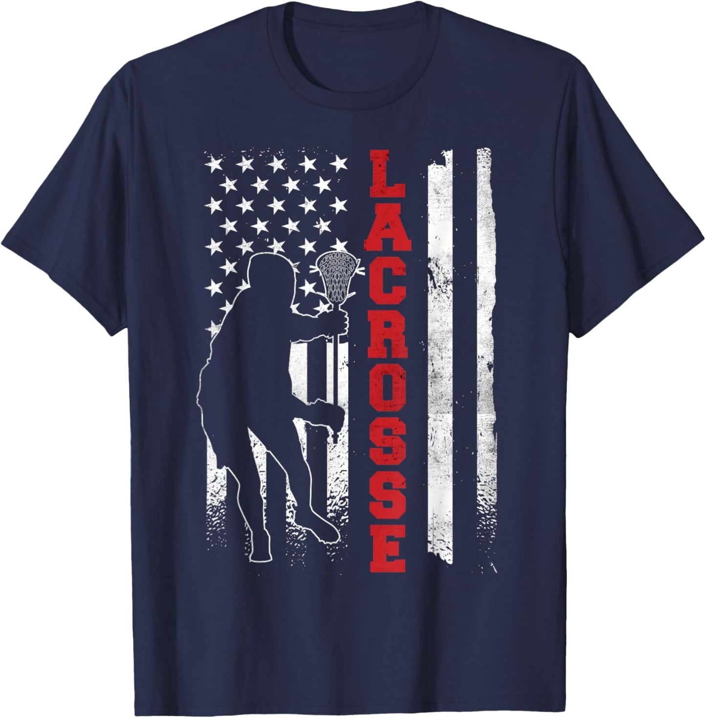 Vintage Gift Lacrosse American Flag LAX - -Adults, Kids - Black - Small - Short Sleeve - Cotton, Polyester T-Shirt - T-Shirt | Navy