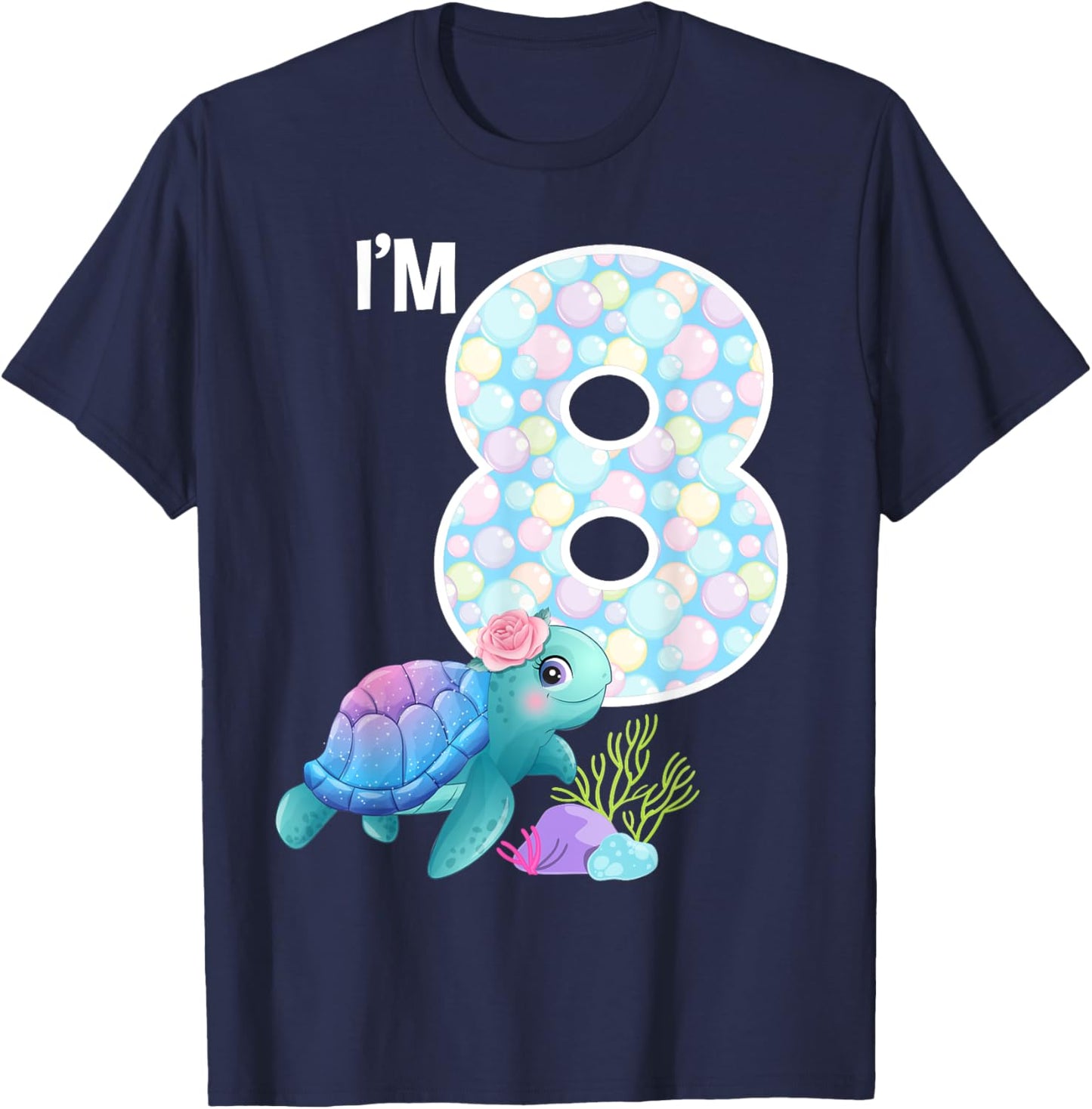 Sea Turtle Birthday I'm 8 Ocean Aquarium Theme 8th Birthday T-Shirt - T-Shirt | Navy