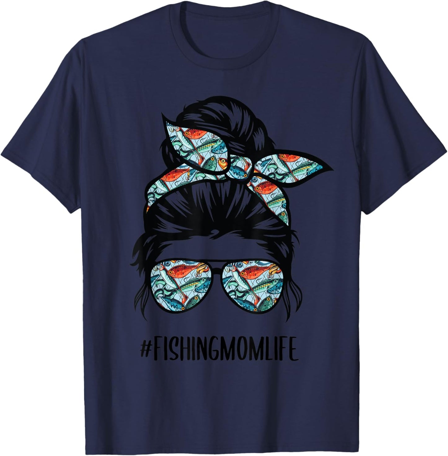 Fishing mom life Messy Bun Mom Funny Fishing Mom T-Shirt - T-Shirt | Navy