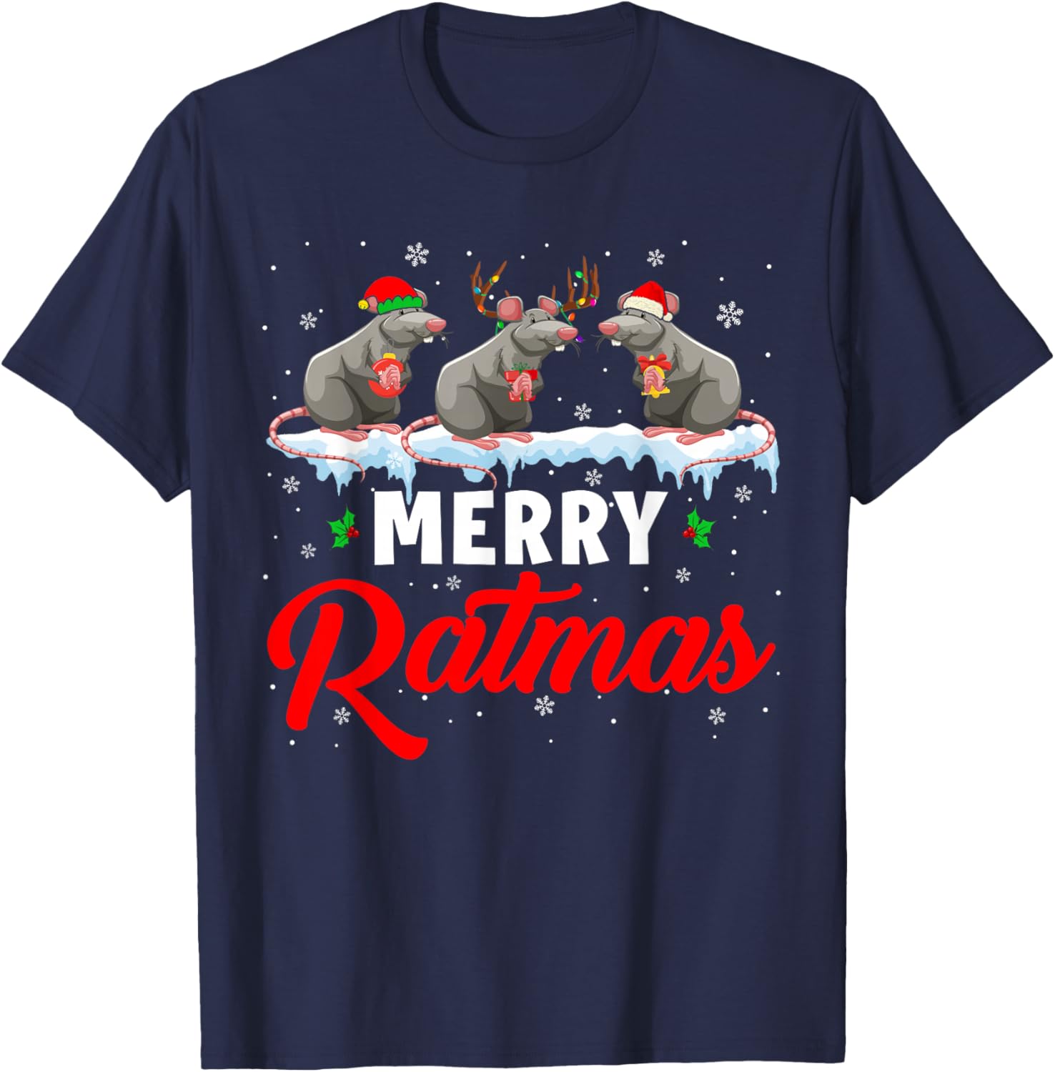 Merry Ratmas Funny Santa ELF Reindeer Rat Christmas Light T-Shirt - T-Shirt | Navy