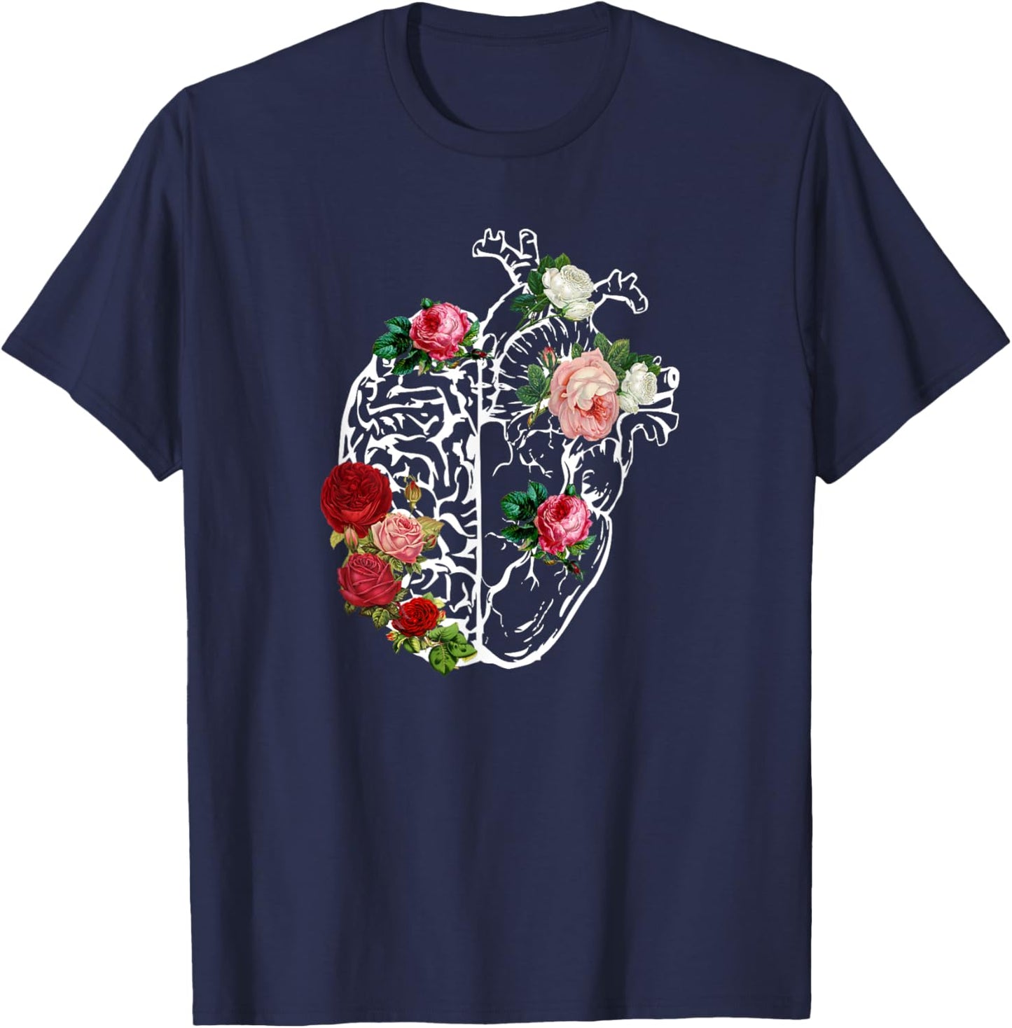 Anatomical Heart_Brain Flowers Florals Anatomy T-Shirt - T-Shirt | Navy