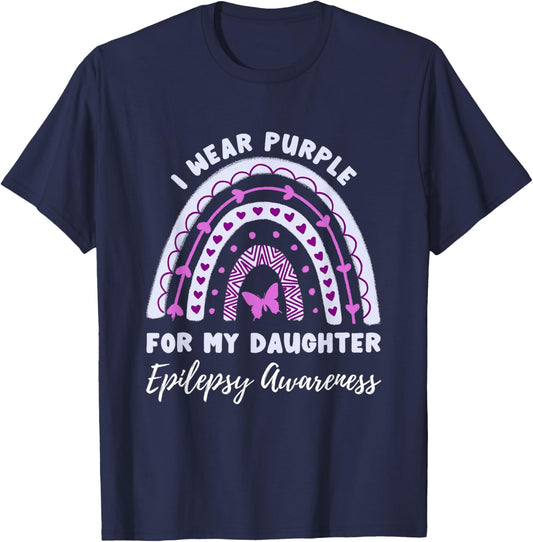 I Wear Purple For My Daughter Epilepsy Awareness Rainbow T-Shirt - T-Shirt | Navy