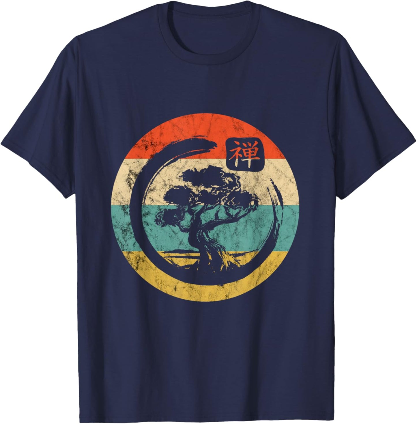 Bonsai Tree Japan Bonsai Tree Enso Circle Vintage Retro Sunset T-Shirt - T-Shirt | Navy