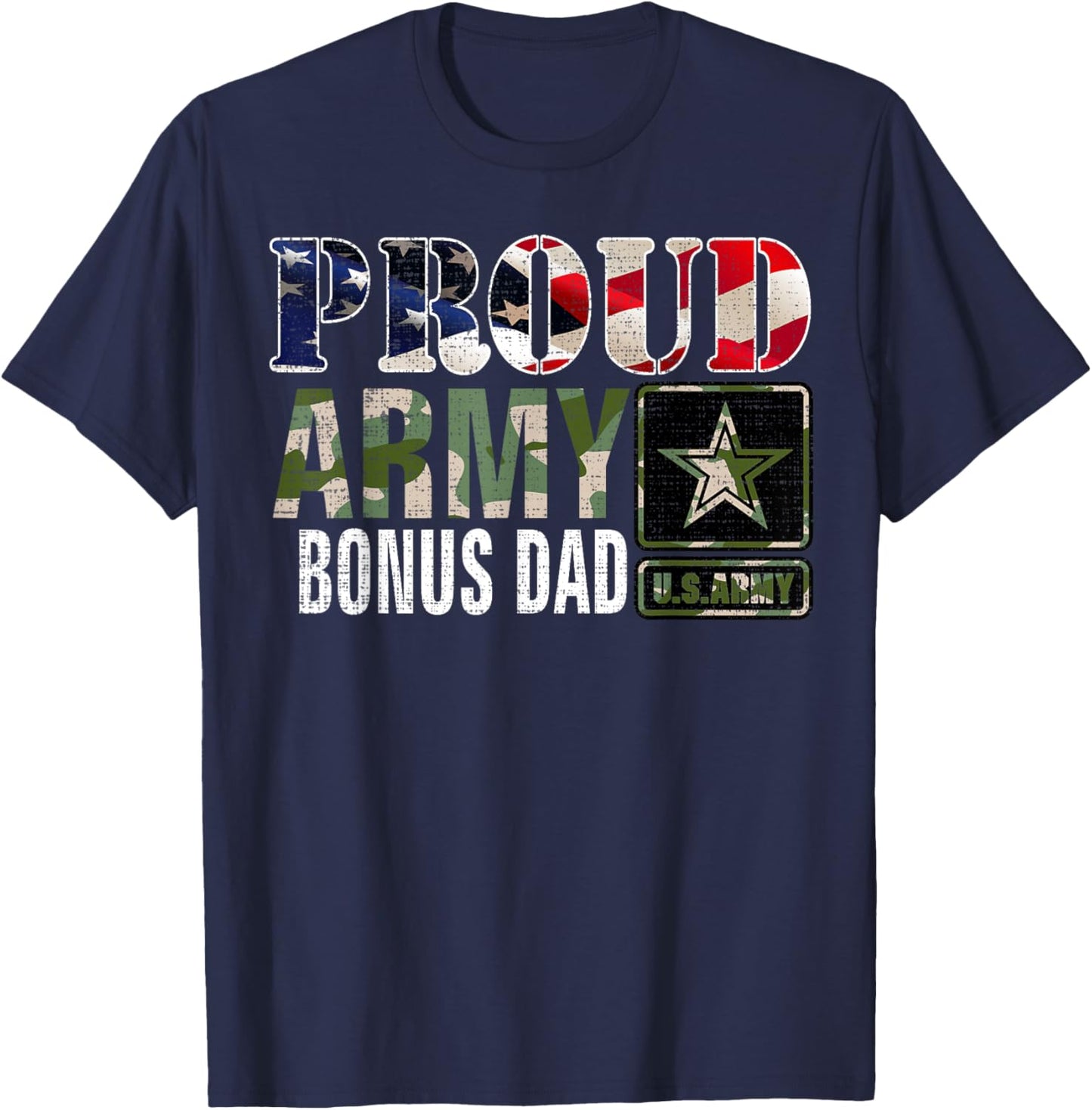 Vintage Proud Army Bonus Dad Camo With American Flag Gift Women Kids Men T-Shirt - T-Shirt | Navy