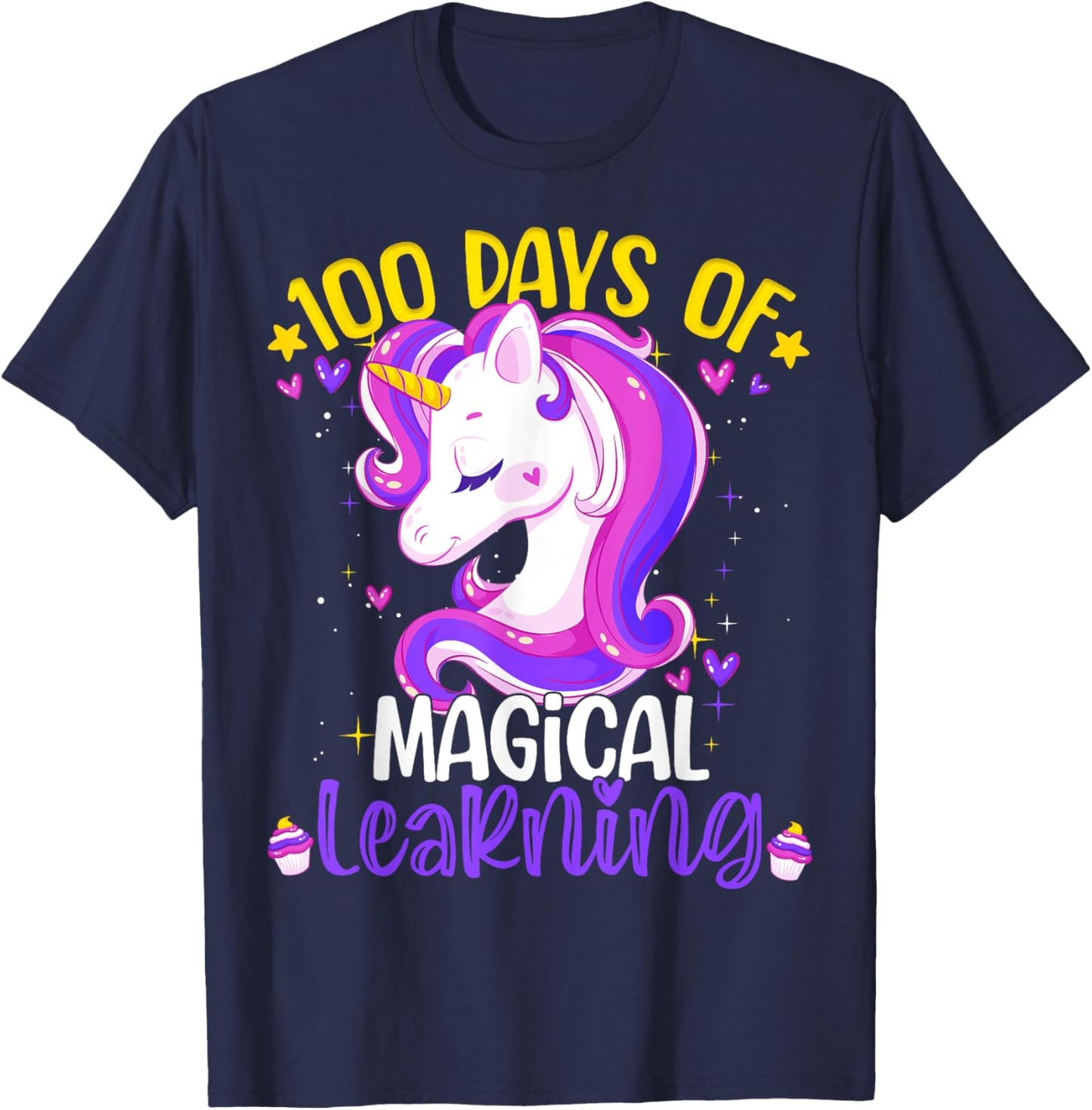 100 Days Of Magical Learning Unicorn 100th Day School Girls T-Shirt - T-Shirt | Navy