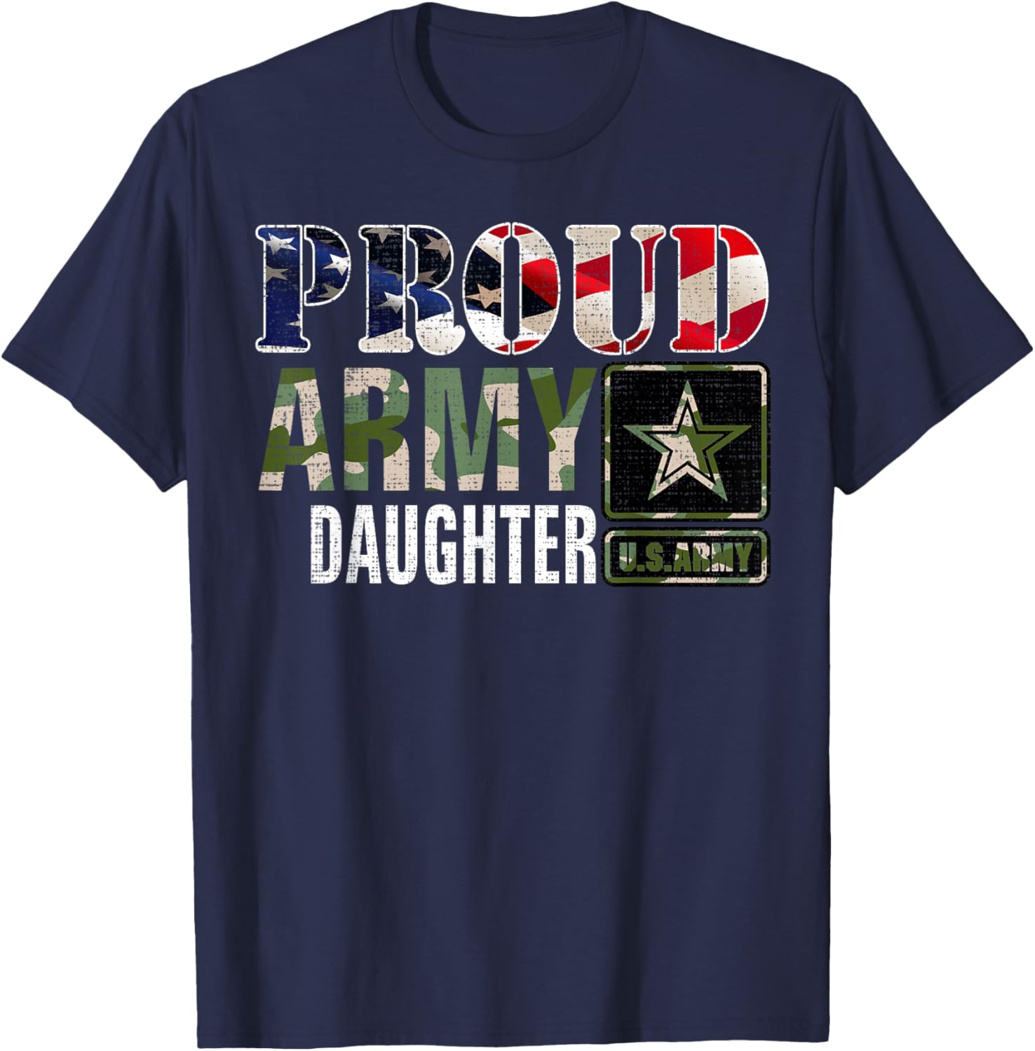 Vintage Proud Army Daughter Camo With American Flag Gift T-Shirt - T-Shirt | Navy