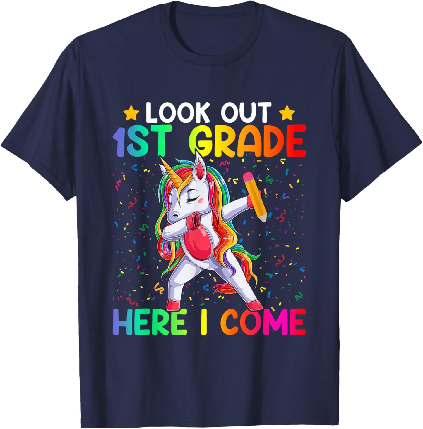 Look Out First Grade Here I Come Unicorn Dabbing 1st Grader T-Shirt - T-Shirt | Navy