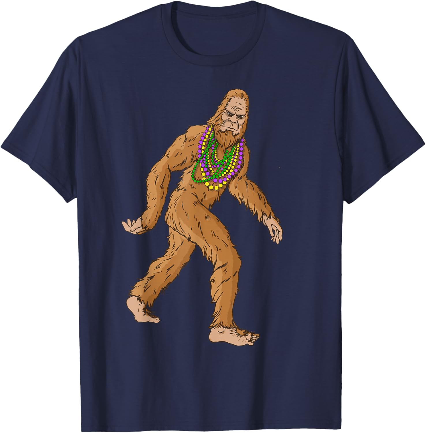 Mardi Gras Bigfoot With Beads Necklace Beads Fat Tuesday T-Shirt - T-Shirt | Navy