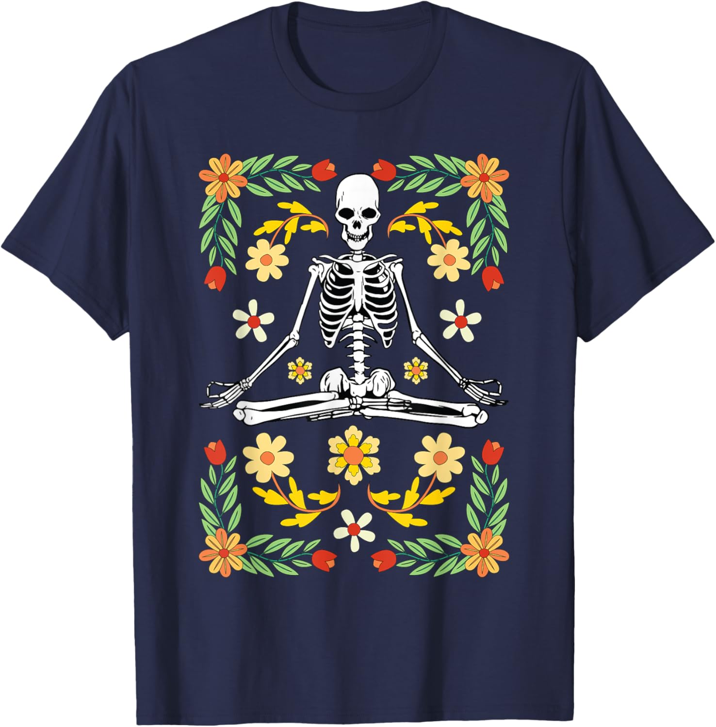 Meditating Skeleton Dia De Los Muertos Mexican Day of Dead T-Shirt - T-Shirt | Navy