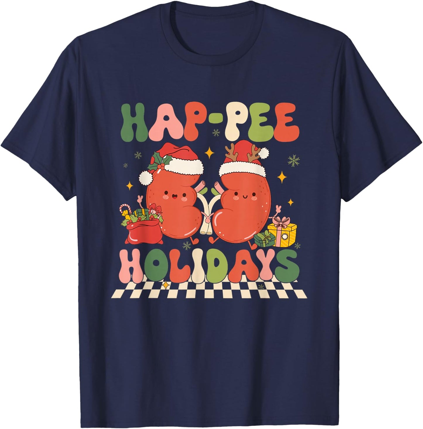 Retro Hap Pee Holidays Christmas Dialysis Nurse Kidney Nurse T-Shirt - T-Shirt | Navy