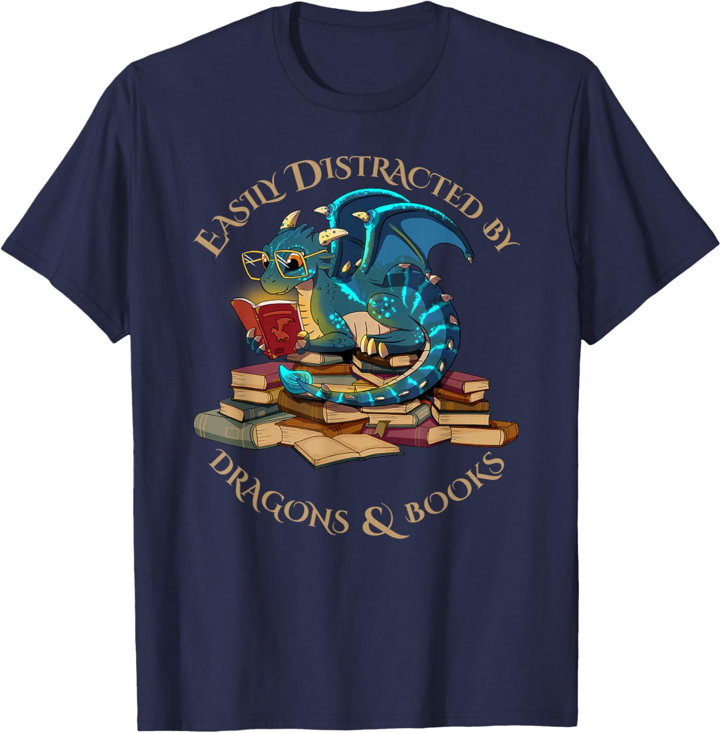 Easily Distracted By Dragons And Books Gift Nerd Dragon T-Shirt - T-Shirt | Navy