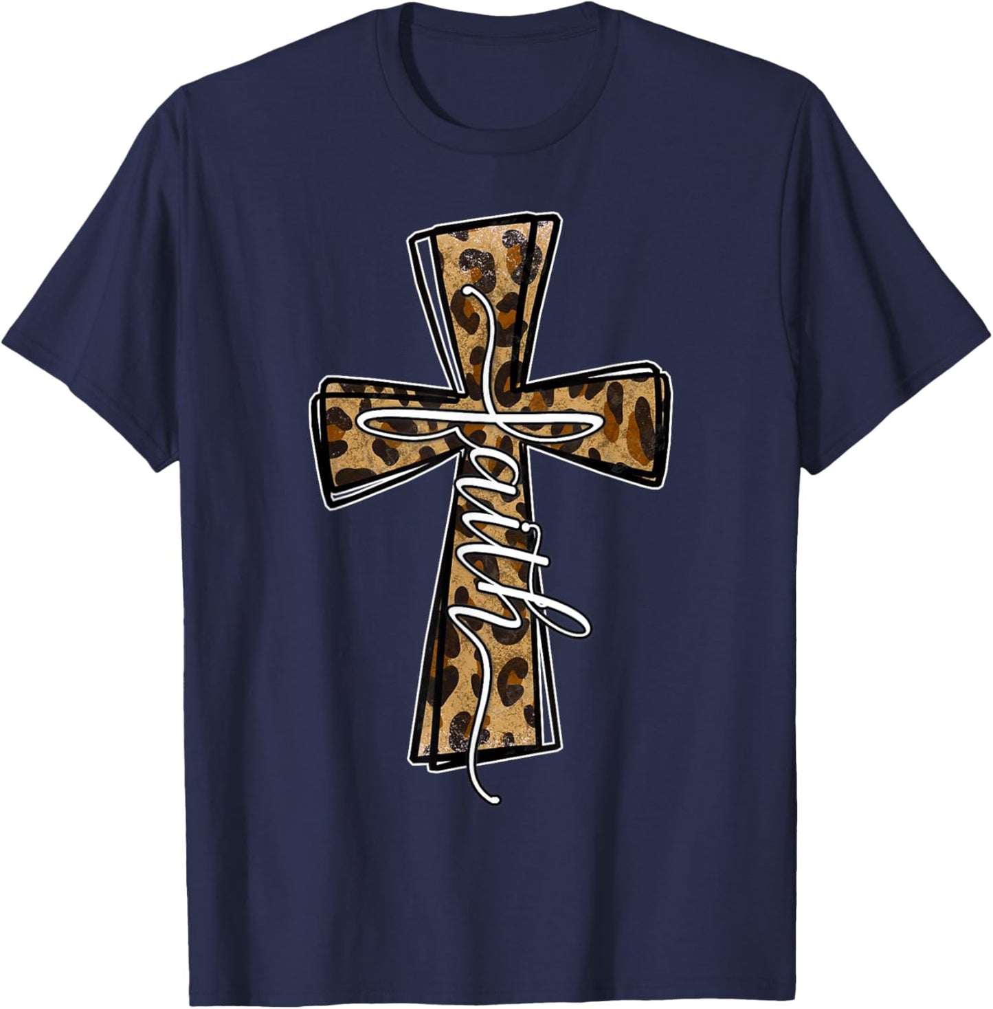 Love In Faith For Christian Leopard Cross Cheetah Print T-Shirt - T-Shirt | Navy