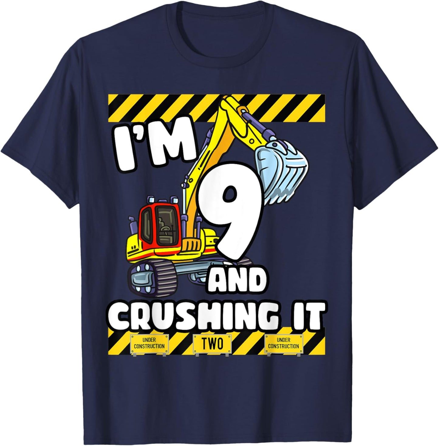 9 Years Old Birthday 9th Construction Party Truck Digger T-Shirt - T-Shirt | Navy