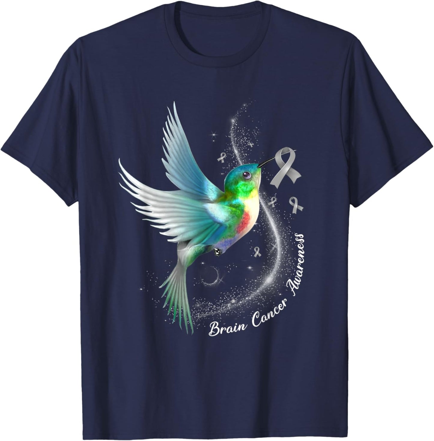Grey Ribbon Hummingbird Brain Cancer Awareness Month T-Shirt - T-Shirt | Navy