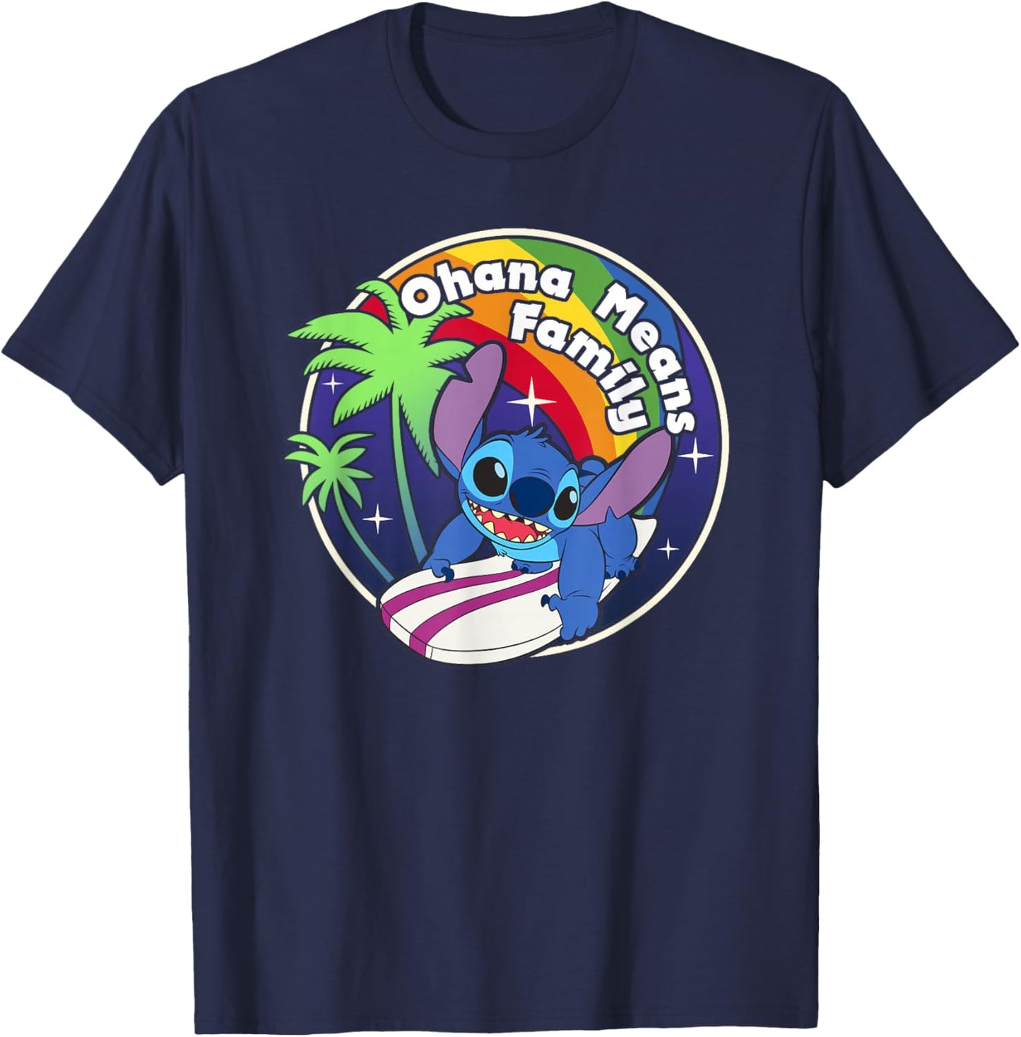 Disney Lilo & Stitch Rainbow Surf Stitch Ohana Means Family T-Shirt - T-Shirt | Navy