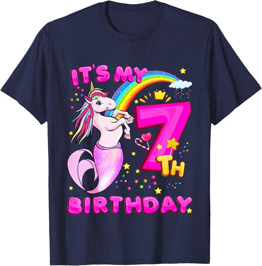 7th Birthday Unicorn Mermaid Girls 7 Years Old Mermicorn T-Shirt - T-Shirt | Navy