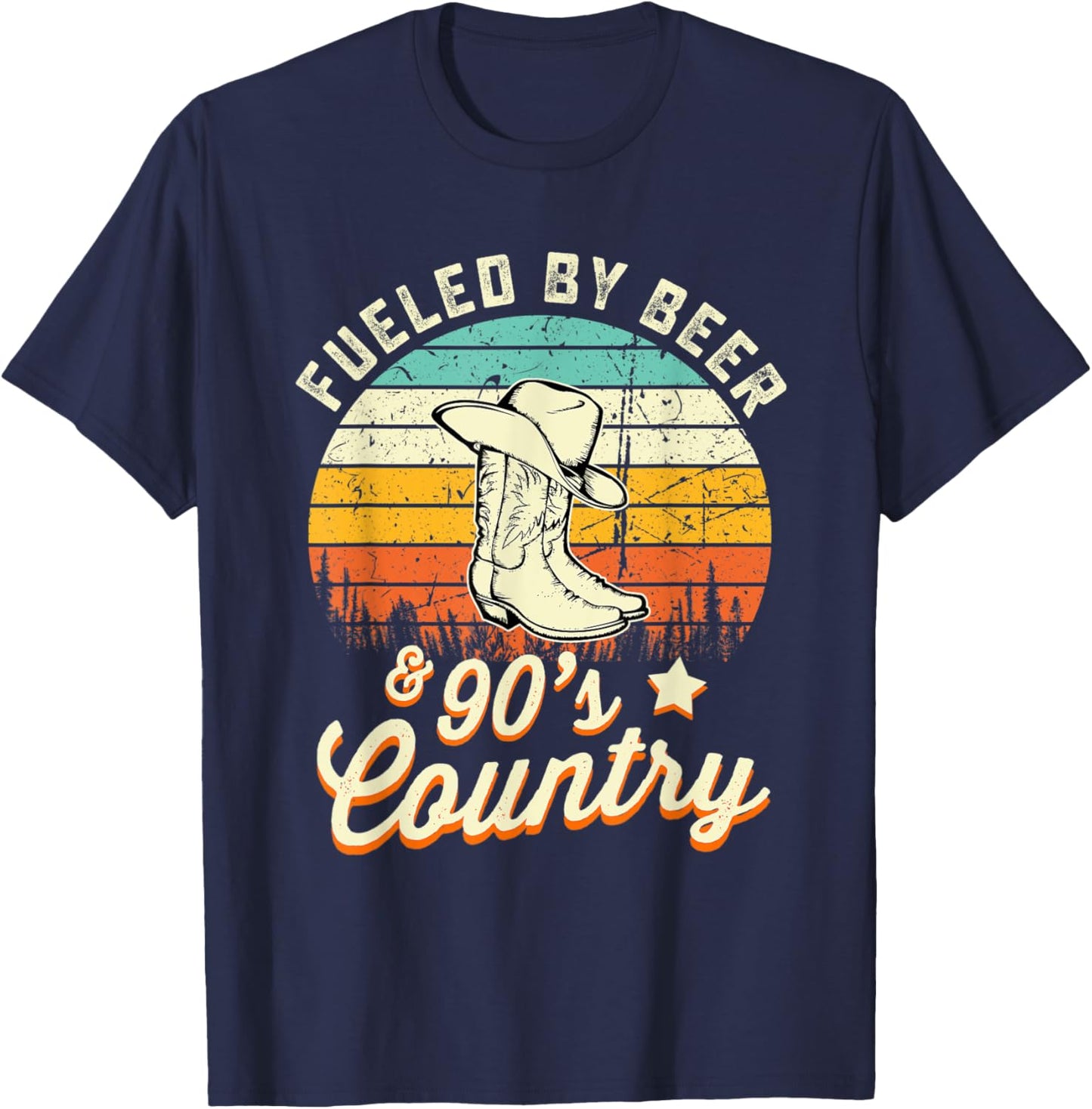 Fueled By Beer and 90s Country Funny Vintage Sunset T-Shirt - T-Shirt | Navy