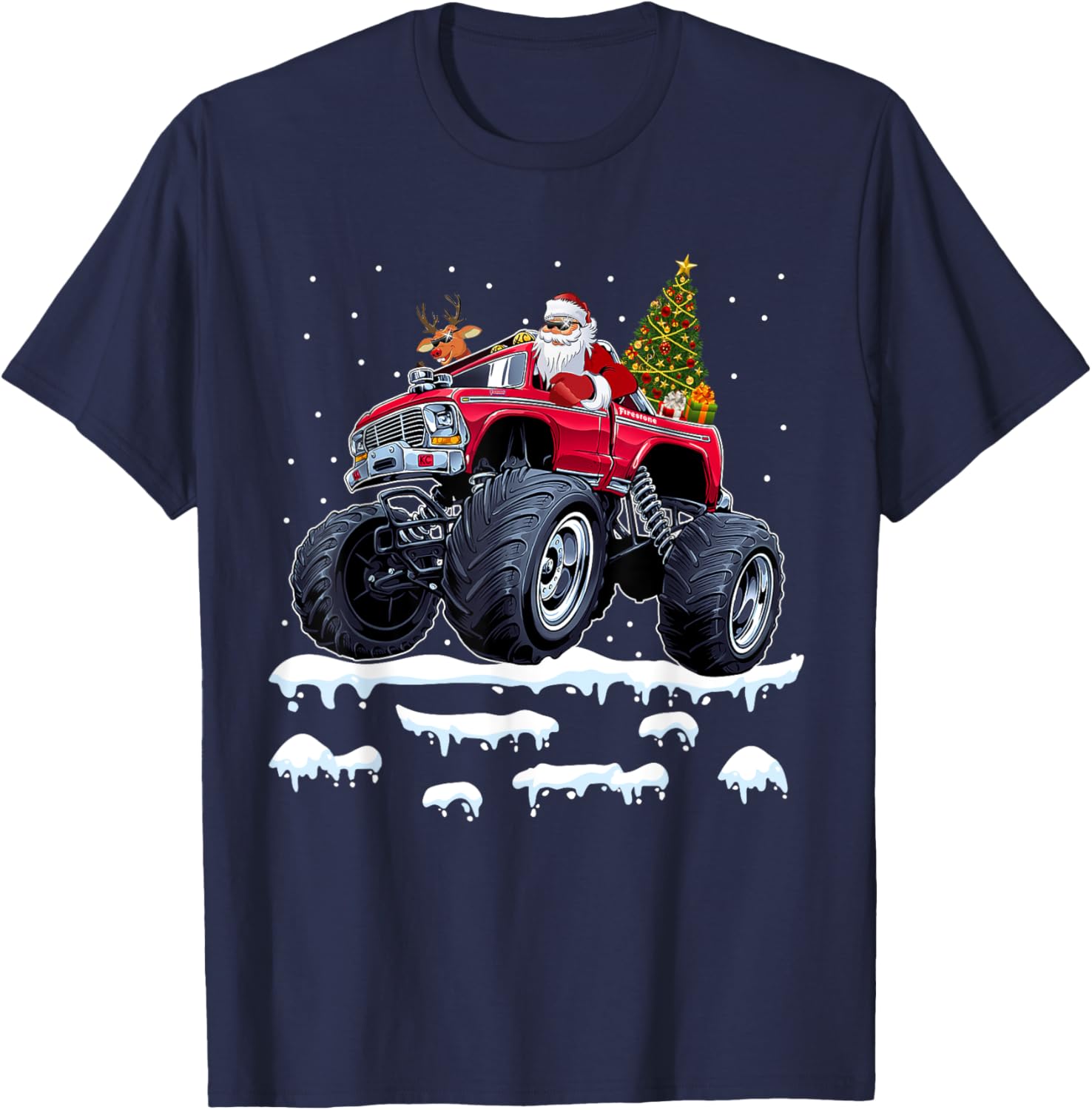 Reindeer Santa Riding Monster Truck Christmas Tree Men Boy T-Shirt - T-Shirt | Navy