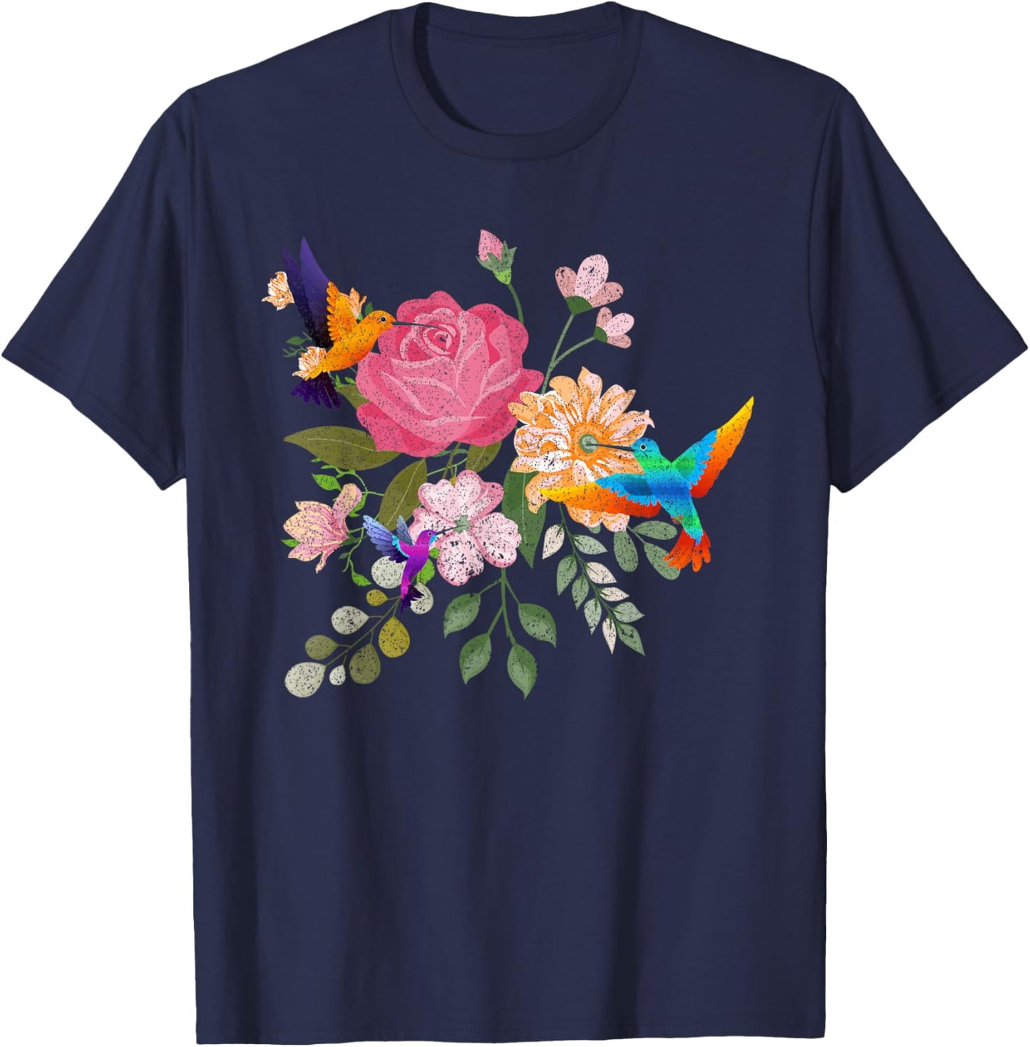 Vintage Bird Animal Lover Nature Roses Flowers Hummingbird T-Shirt - T-Shirt | Navy