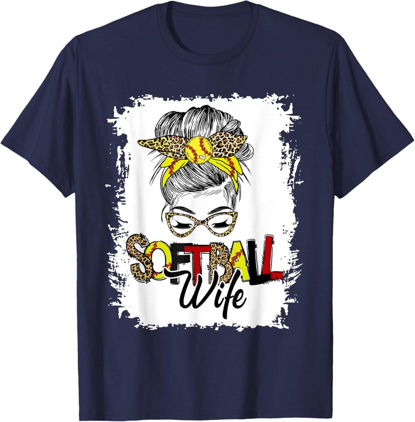 Softball Wife Life With Leopard Messy Bun Mother's Day T-Shirt - T-Shirt | Navy