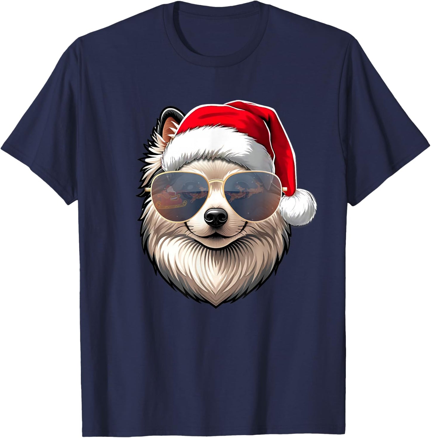 Ugly Sweater X-mas Santa American Eskimo Dog Christmas T-Shirt - T-Shirt | Navy