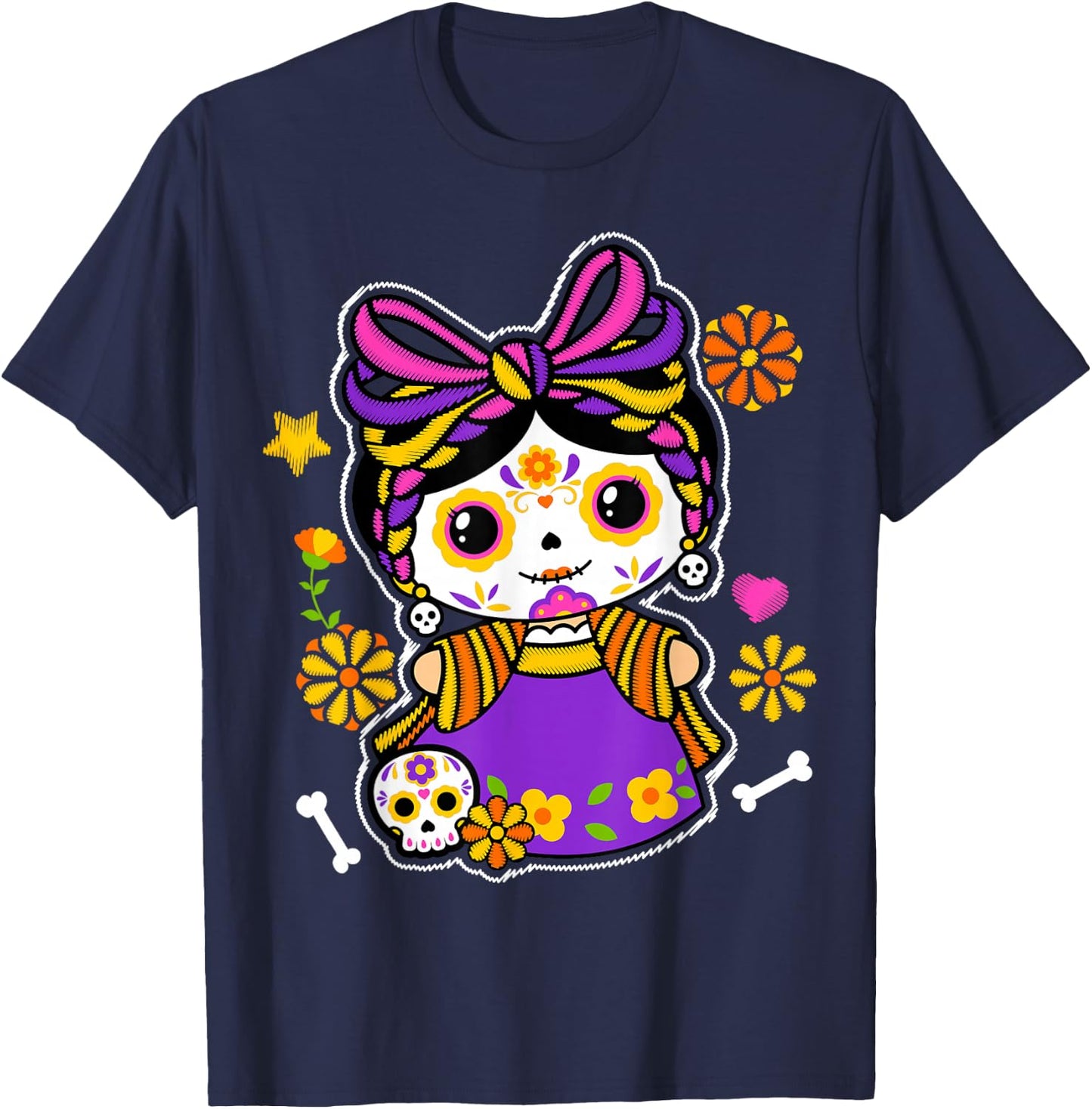Catrina Floral Sugar Skull Mexican Roses Flowers Skeleton T-Shirt - T-Shirt | Navy
