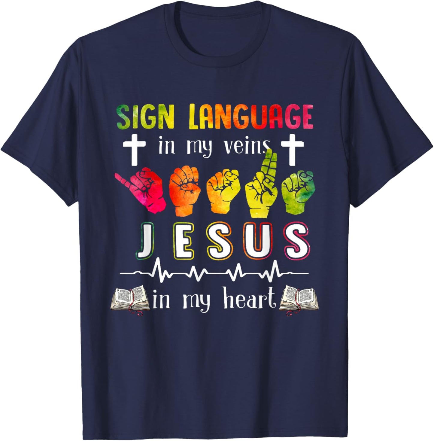 Sign Language ASL Jesus Heart Gift Apparel T-Shirt - T-Shirt | Navy