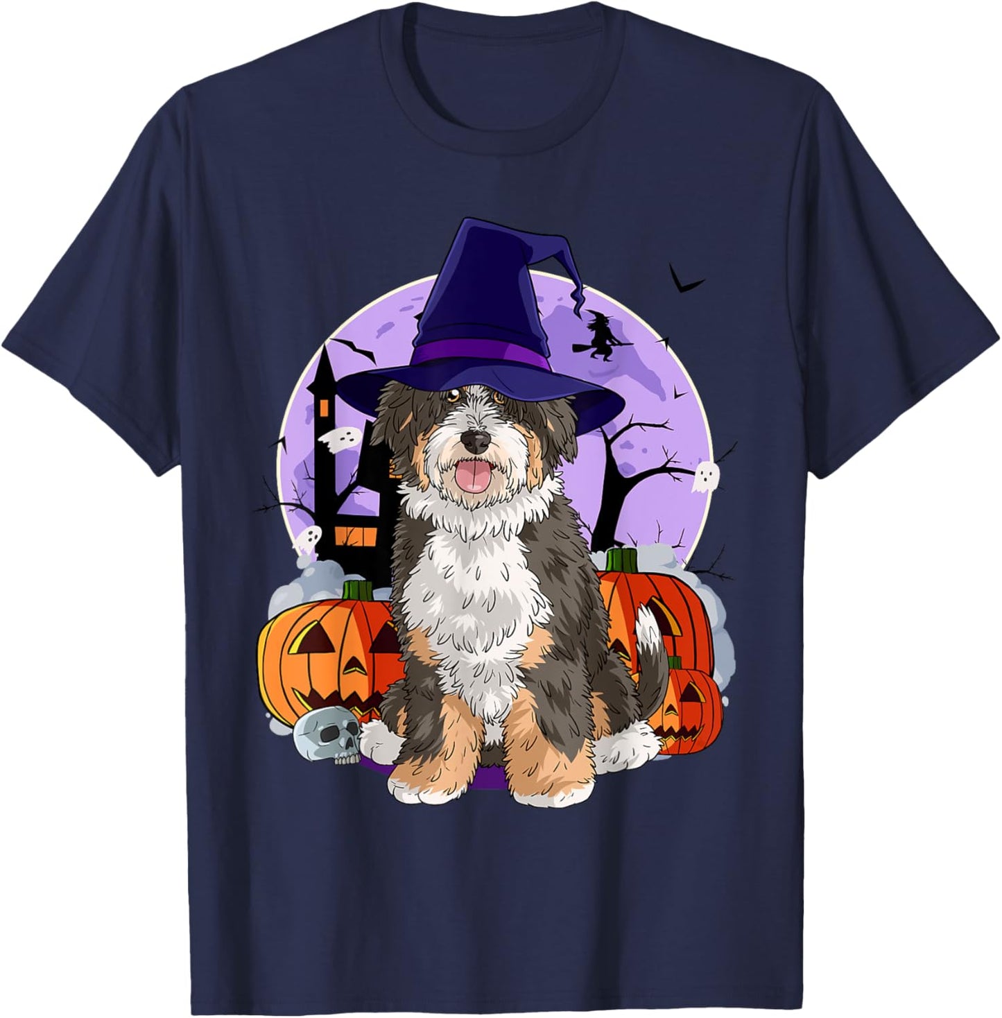 Cute Bernedoodle Halloween Witch Pumpkin T-Shirt - T-Shirt | Navy