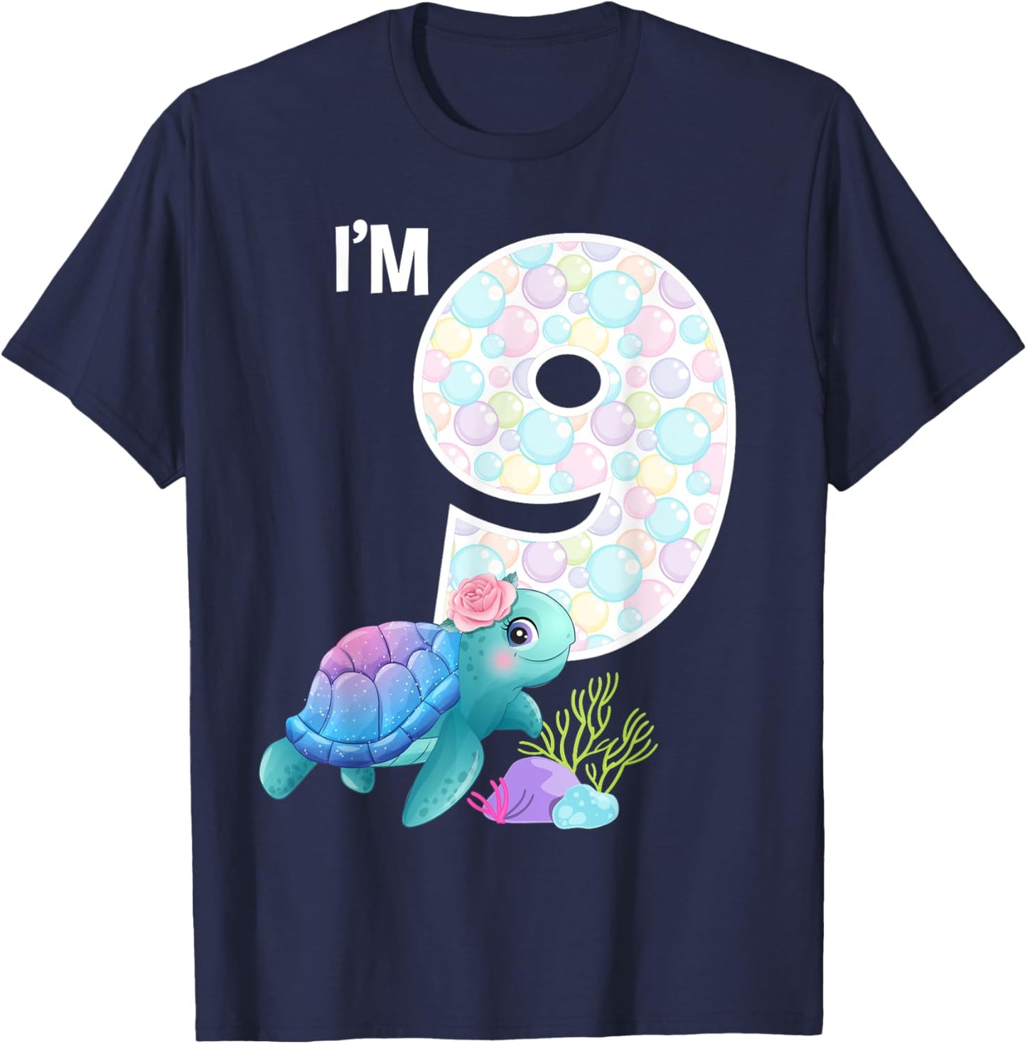 Sea Turtle Birthday I'm 9 Farm Ocean Theme 9th Birthday T-Shirt - T-Shirt | Navy