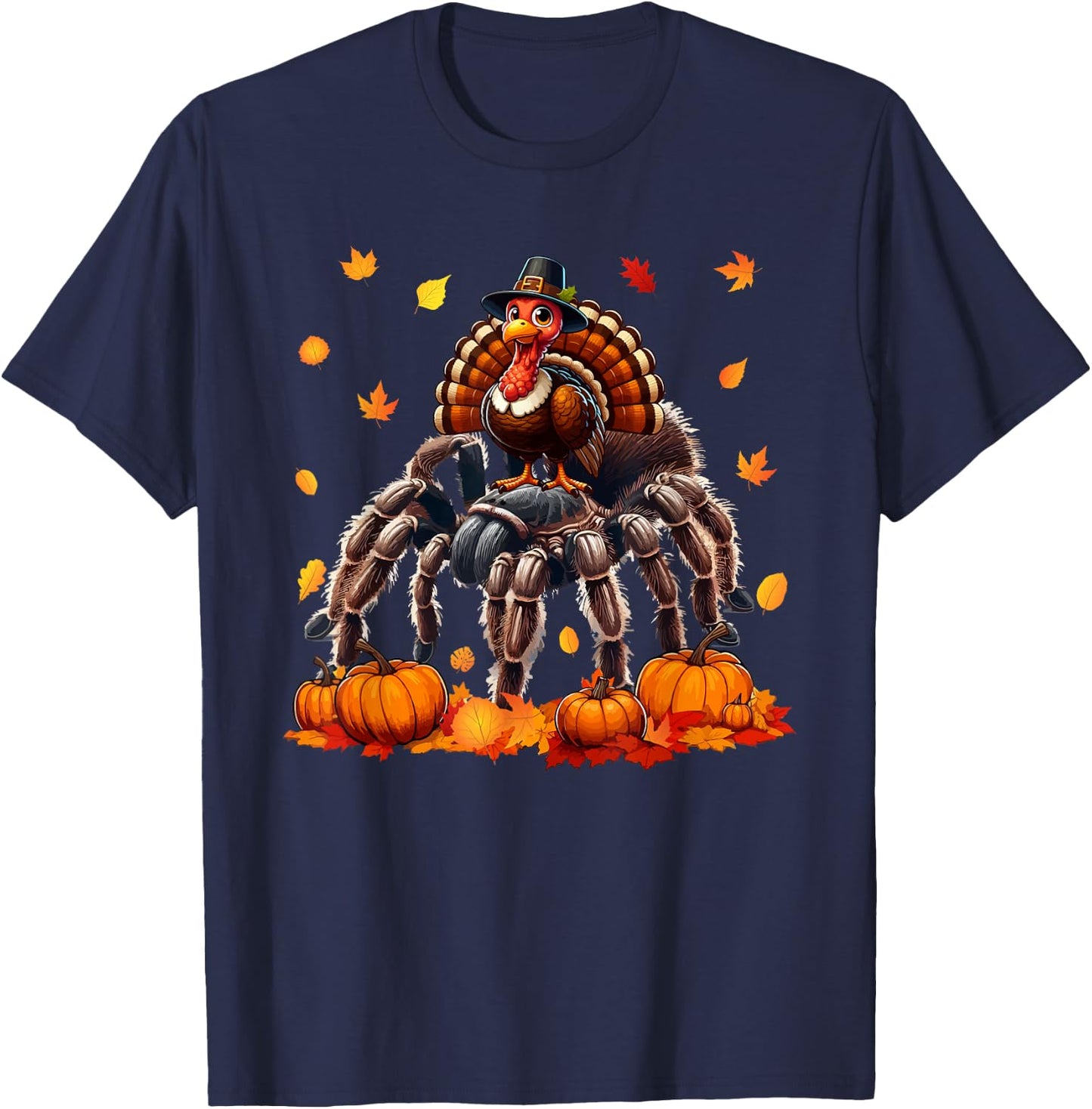 Turkey Riding Tarantula Thanksgiving Fall Leaves Pumpkins T-Shirt - T-Shirt | Navy