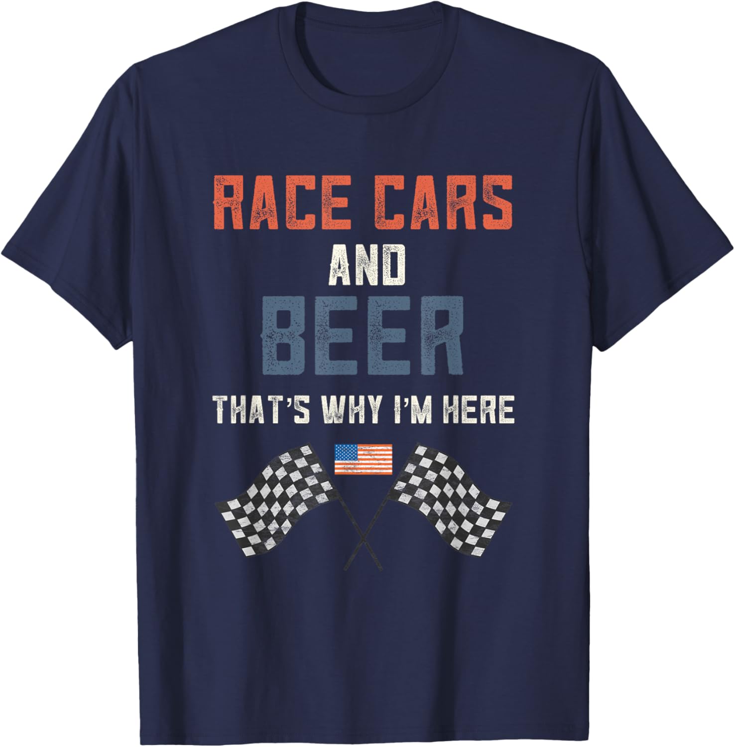 Race Cars Beer USA America Checkered Flag Fast Cars Race Day T-Shirt - T-Shirt | Navy