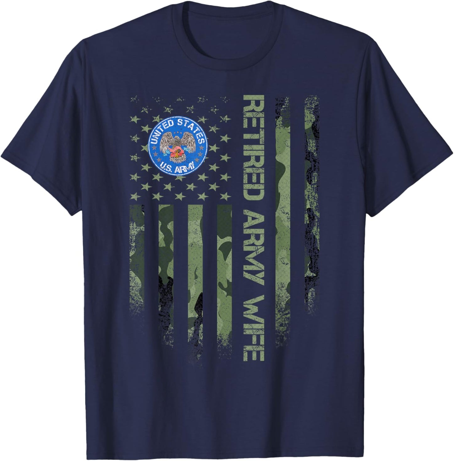 Vintage USA American Camo Flag Retired US Army Veteran Wife T-Shirt - T-Shirt | Navy