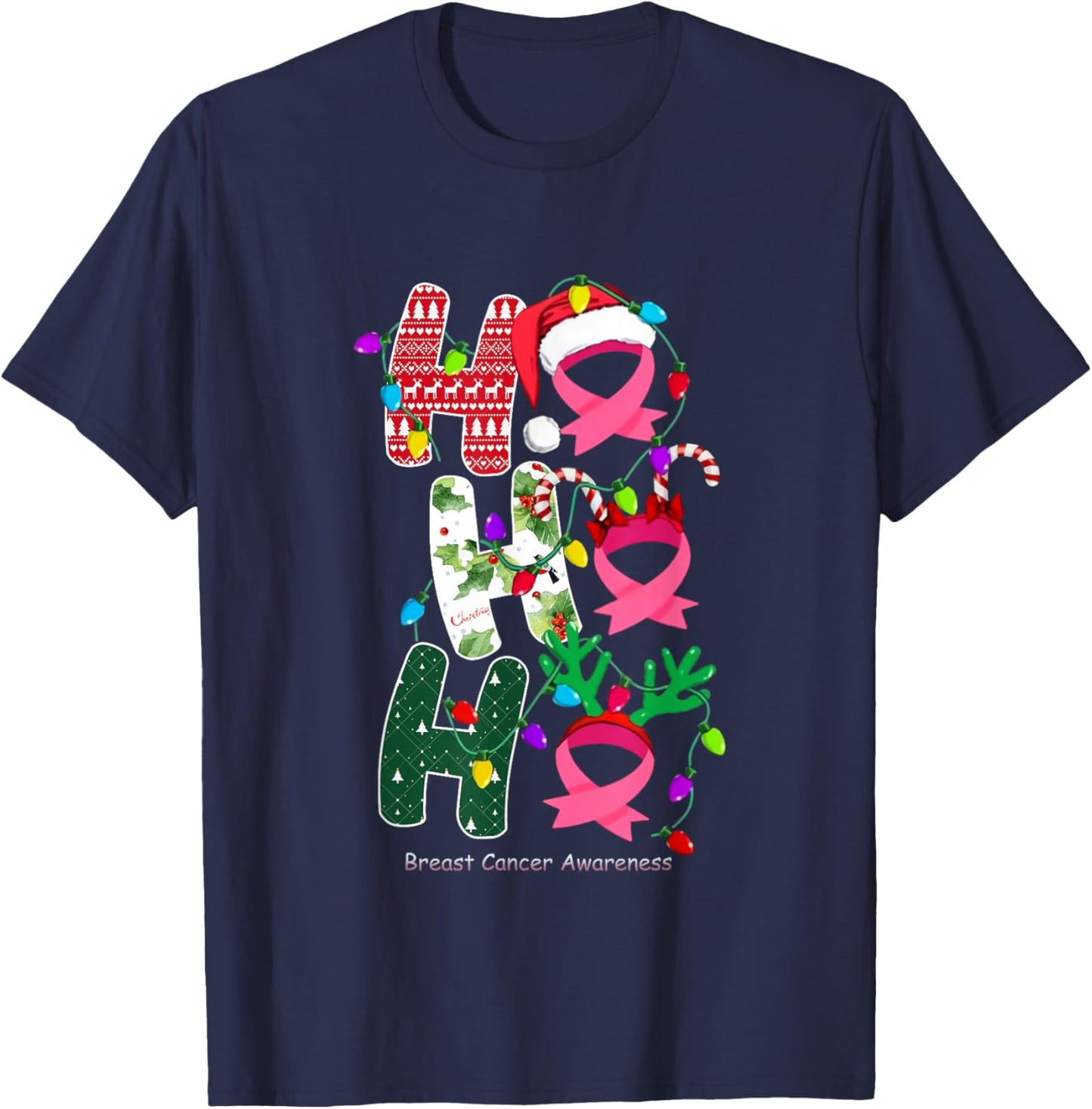 Ho Ho Ho Breast Cancer Awareness for Christmas T-Shirt - T-Shirt | Navy