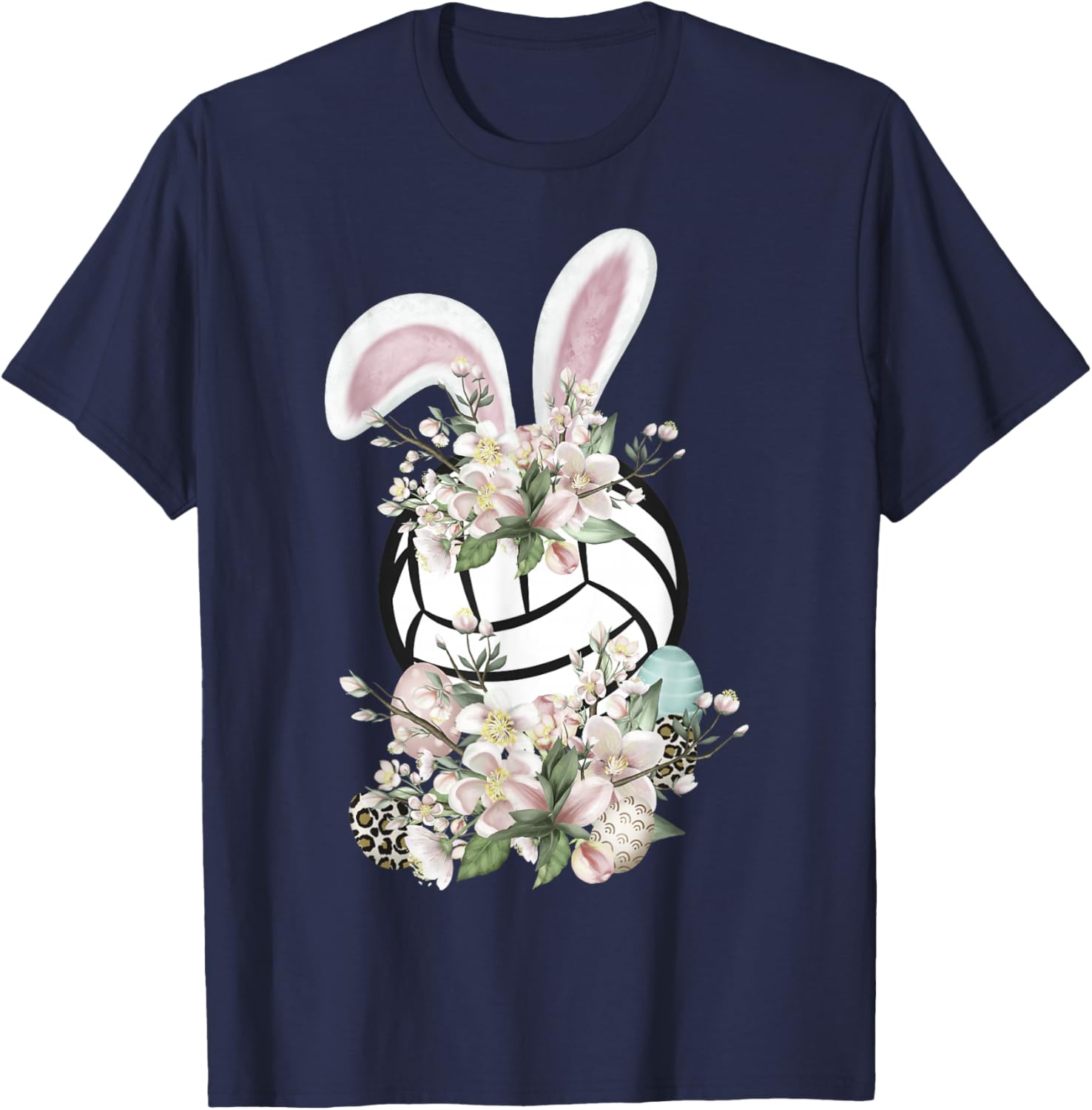 Funny Easter Volleyball Bunny Ears Spring Flowers Easter Egg T-Shirt - T-Shirt | Navy