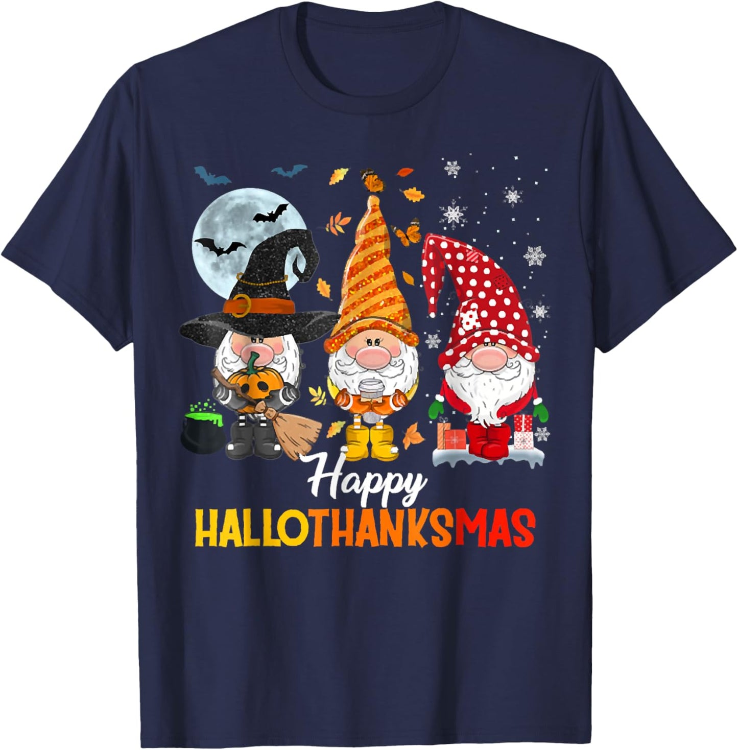 Gnomes Lover Halloween Merry Christmas Happy Hallothanksmas T-Shirt - T-Shirt | Navy