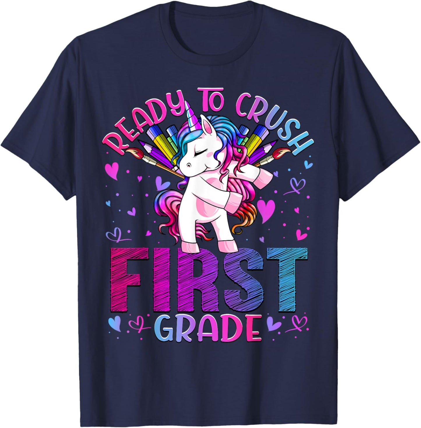 Ready to Crush First 1st Grade Back To School Unicorn Kids T-Shirt - T-Shirt | Navy