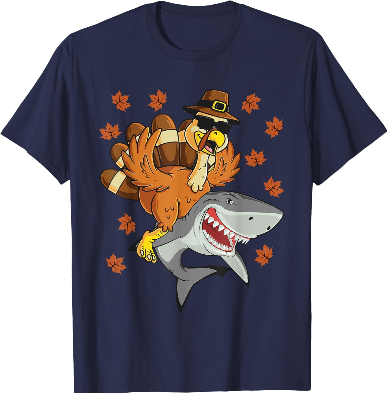 Thanksgiving Turkey Riding Shark Funny Toddler Boys Kids T-Shirt - T-Shirt | Navy